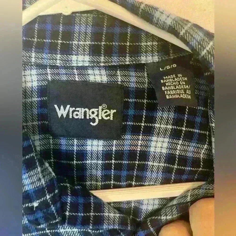 Wrangler Mens Large Long Sleeve Pearl Snap Pockets Collared Shirt Blue Plaid